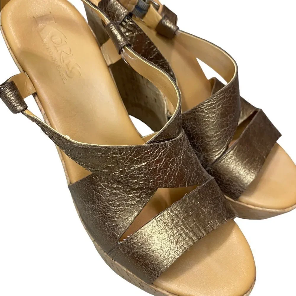 Kork-Ease sandal’s platform cork heels golden bronze leather straps size 9
